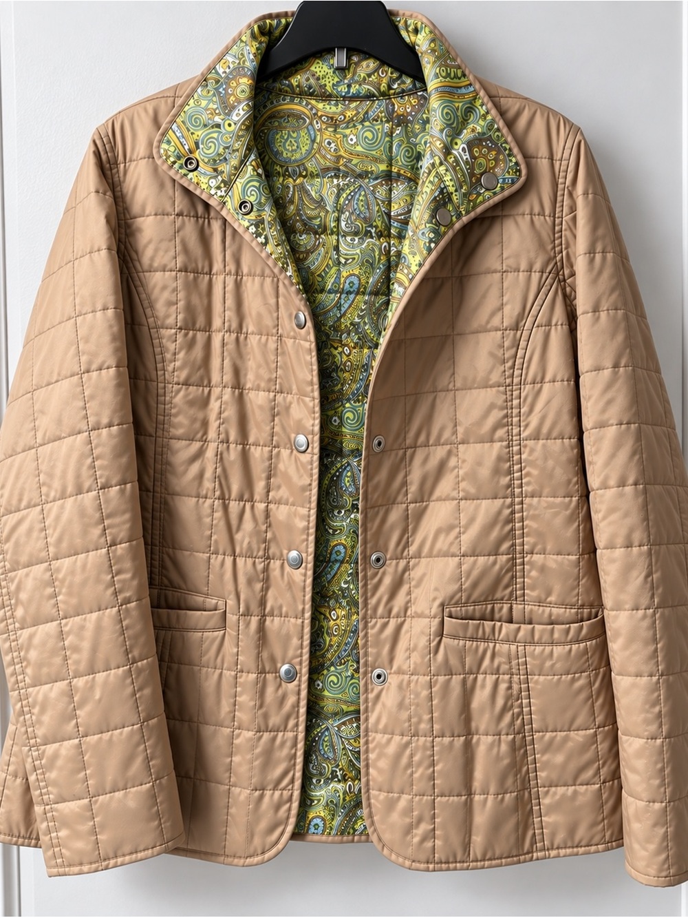 Liz Claiborne Quilted Puffer Jacket in Tan with Paisley-Lined Interior